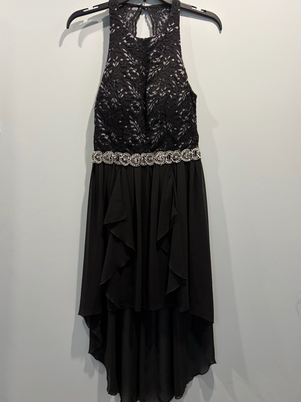 City Studio Black Silver Metallic Lace Halter Rhinestone High Low Dress Size 5